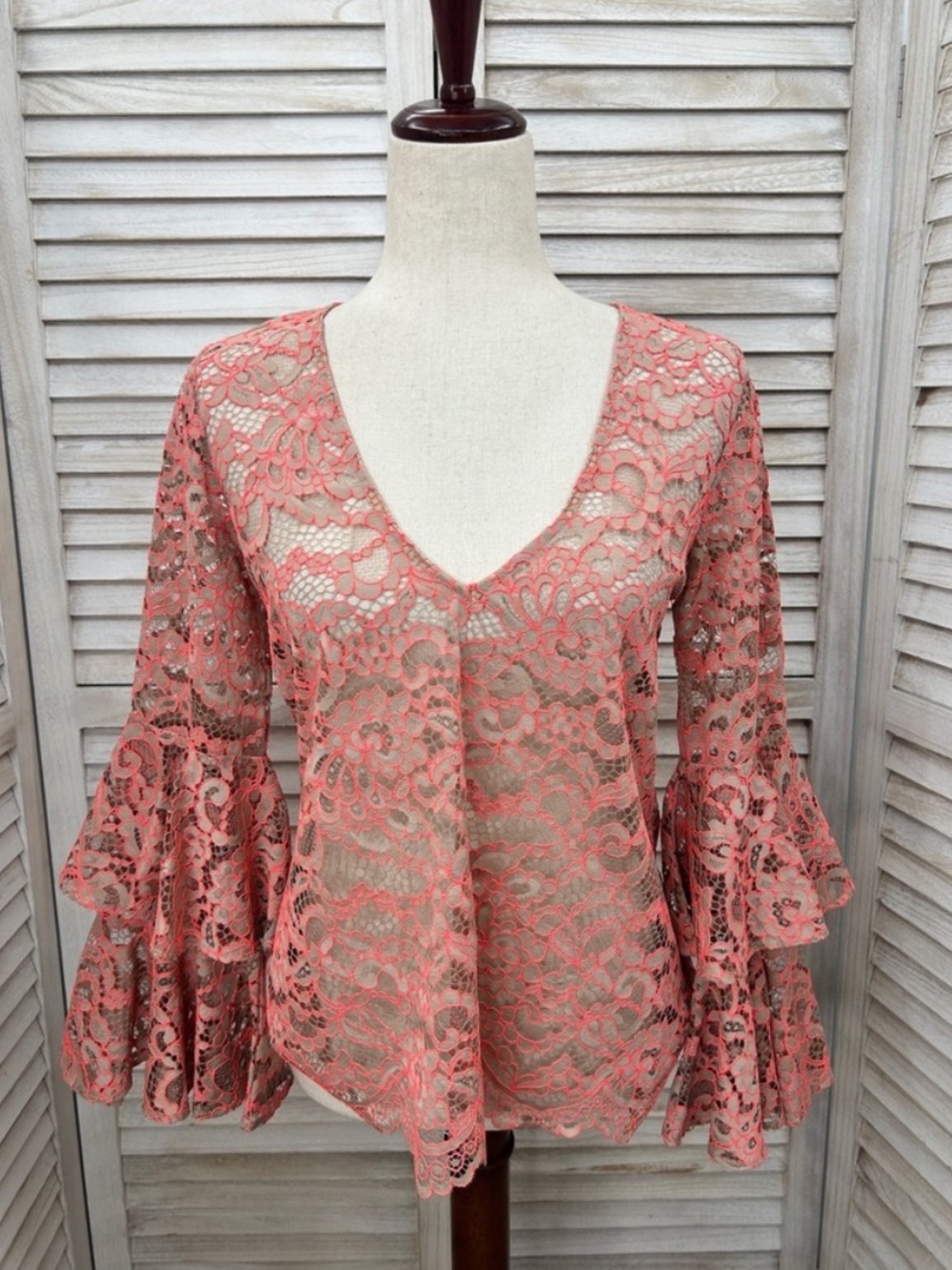 Alexis Coral Lace V-Neck Tiered Bell Sleeve Blouse